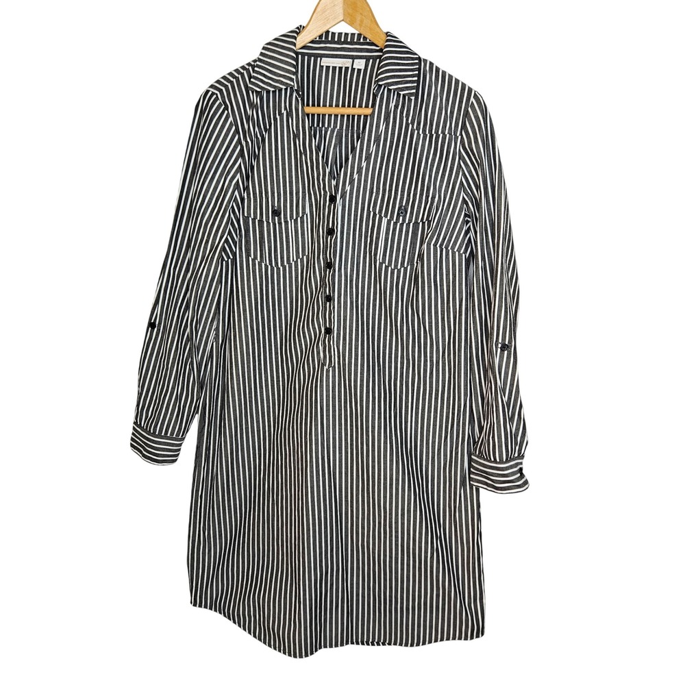 Westport 1962 Womens Black White Striped Roll Tab Long Sleeve Shirt Dress Size M